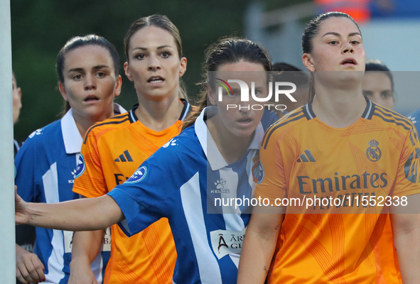 Mar Torras, Melanie Leupolz, and Maria Mendez play during the match between RCD Espanyol Women and Real Madrid CF Women, corresponding to we...