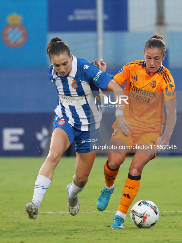 Filippa Angeldahl and Ainoa Campo play during the match between RCD Espanyol Women and Real Madrid CF Women, corresponding to week 1 of the...