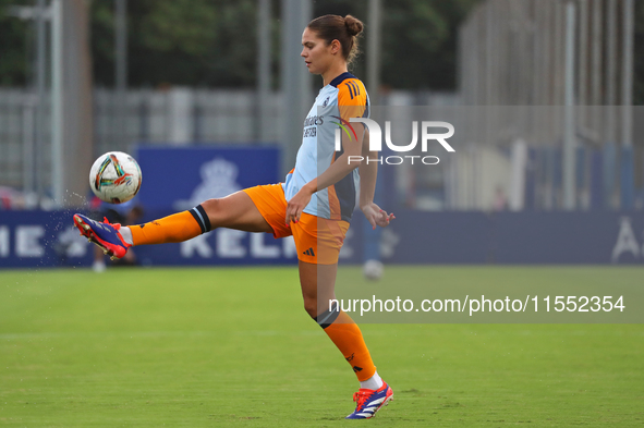 Signe Bruun plays during the match between RCD Espanyol Women and Real Madrid CF Women, corresponding to week 1 of the Liga F, at the Dani J...