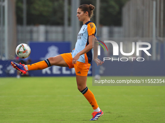 Signe Bruun plays during the match between RCD Espanyol Women and Real Madrid CF Women, corresponding to week 1 of the Liga F, at the Dani J...