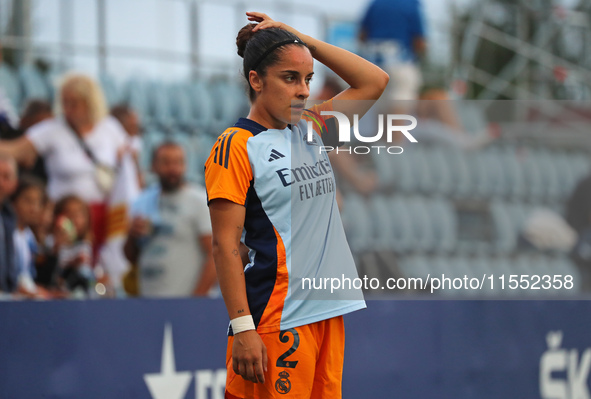 Oihane Hernandez plays during the match between RCD Espanyol Women and Real Madrid CF Women, corresponding to week 1 of the Liga F, at the D...