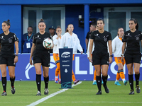 The referee, Beatriz Cuesta, and her assistants during the match between RCD Espanyol Women and Real Madrid CF Women, corresponding to week...