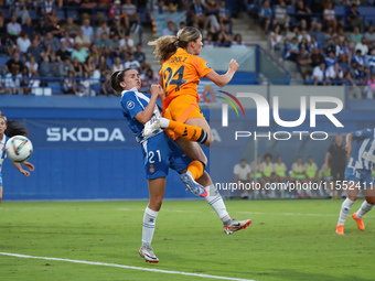 Melanie Leupolz and Julia Guerra play during the match between RCD Espanyol Women and Real Madrid CF Women, corresponding to week 1 of the L...