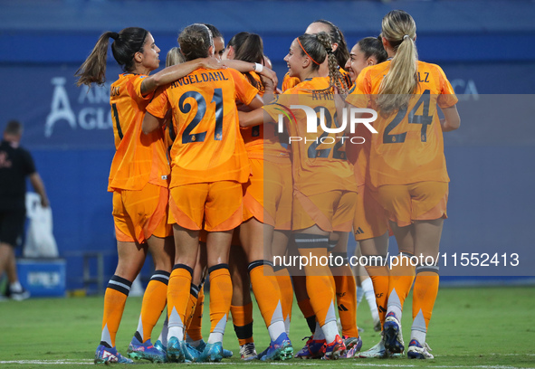 Real Madrid players celebrate during the match between RCD Espanyol Women and Real Madrid CF Women, corresponding to week 1 of the Liga F, a...