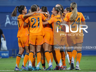 Real Madrid players celebrate during the match between RCD Espanyol Women and Real Madrid CF Women, corresponding to week 1 of the Liga F, a...