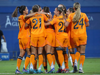 Real Madrid players celebrate during the match between RCD Espanyol Women and Real Madrid CF Women, corresponding to week 1 of the Liga F, a...