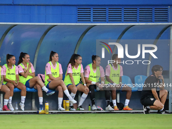 Sara Monforte coaches during the match between RCD Espanyol Women and Real Madrid CF Women, corresponding to week 1 of the Liga F, at the Da...