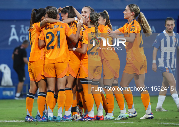 Real Madrid players celebrate during the match between RCD Espanyol Women and Real Madrid CF Women, corresponding to week 1 of the Liga F, a...