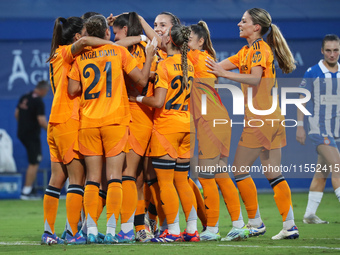 Real Madrid players celebrate during the match between RCD Espanyol Women and Real Madrid CF Women, corresponding to week 1 of the Liga F, a...