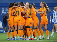 Real Madrid players celebrate during the match between RCD Espanyol Women and Real Madrid CF Women, corresponding to week 1 of the Liga F, a...