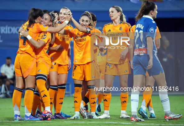 Real Madrid players celebrate during the match between RCD Espanyol Women and Real Madrid CF Women, corresponding to week 1 of the Liga F, a...