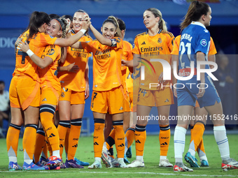 Real Madrid players celebrate during the match between RCD Espanyol Women and Real Madrid CF Women, corresponding to week 1 of the Liga F, a...