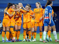 Real Madrid players celebrate during the match between RCD Espanyol Women and Real Madrid CF Women, corresponding to week 1 of the Liga F, a...