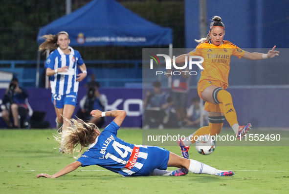 Athenea del Castillo and Laia Balleste play during the match between RCD Espanyol Women and Real Madrid CF Women, corresponding to week 1 of...