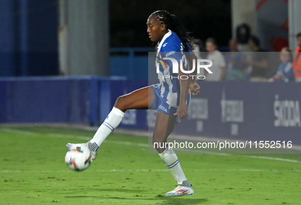 Daniela Caracas plays during the match between RCD Espanyol Women and Real Madrid CF Women, corresponding to week 1 of the Liga F, at the Da...