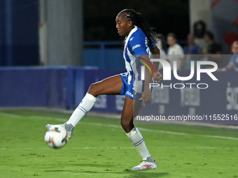 Daniela Caracas plays during the match between RCD Espanyol Women and Real Madrid CF Women, corresponding to week 1 of the Liga F, at the Da...