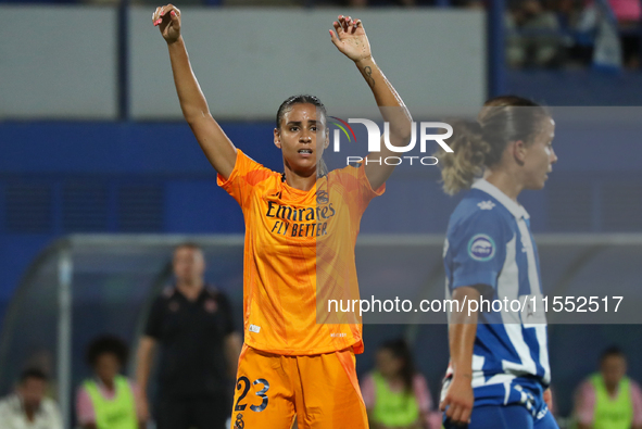 Maelle Lakrar plays during the match between RCD Espanyol Women and Real Madrid CF Women, corresponding to week 1 of the Liga F, at the Dani...