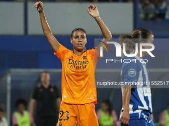 Maelle Lakrar plays during the match between RCD Espanyol Women and Real Madrid CF Women, corresponding to week 1 of the Liga F, at the Dani...