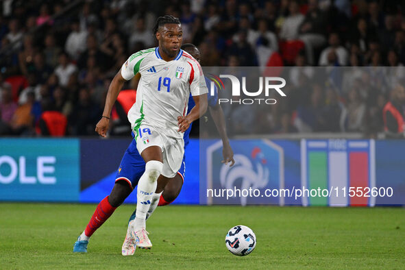 Destiny Udogie (ITA) and Ibrahima Konate (FRA) during the UEFA National League Matchday 1 match between France and Italy at the Parc des Pri...