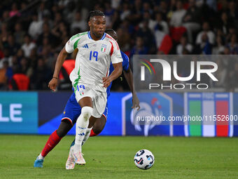 Destiny Udogie (ITA) and Ibrahima Konate (FRA) during the UEFA National League Matchday 1 match between France and Italy at the Parc des Pri...