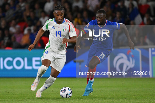 Destiny Udogie (ITA) and Ibrahima Konate (FRA) during the UEFA National League Matchday 1 match between France and Italy at the Parc des Pri...