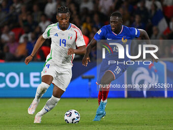 Destiny Udogie (ITA) and Ibrahima Konate (FRA) during the UEFA National League Matchday 1 match between France and Italy at the Parc des Pri...