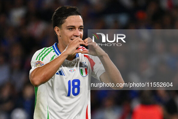 Giacomo Raspadori (ITA) celebrates after scoring the goal of 1-3 during the UEFA National League Matchday 1 match between France and Italy a...