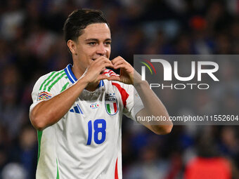 Giacomo Raspadori (ITA) celebrates after scoring the goal of 1-3 during the UEFA National League Matchday 1 match between France and Italy a...