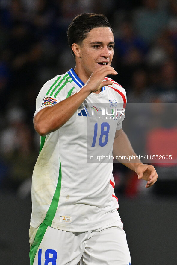 Giacomo Raspadori (ITA) celebrates after scoring the goal of 1-3 during the UEFA National League Matchday 1 match between France and Italy a...