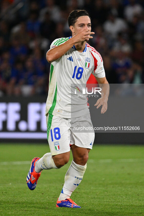 Giacomo Raspadori (ITA) celebrates after scoring the goal of 1-3 during the UEFA National League Matchday 1 match between France and Italy a...