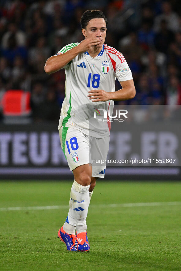 Giacomo Raspadori (ITA) celebrates after scoring the goal of 1-3 during the UEFA National League Matchday 1 match between France and Italy a...