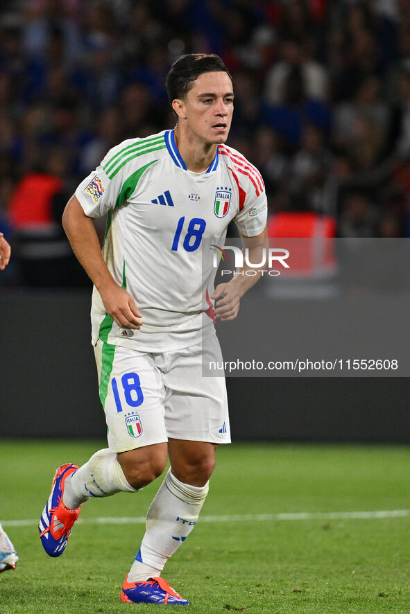 Giacomo Raspadori (ITA) celebrates after scoring the goal of 1-3 during the UEFA National League Matchday 1 match between France and Italy a...