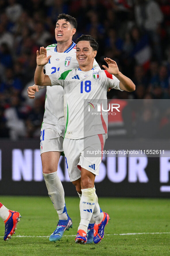 Giacomo Raspadori (ITA) celebrates after scoring the goal of 1-3 during the UEFA National League Matchday 1 match between France and Italy a...