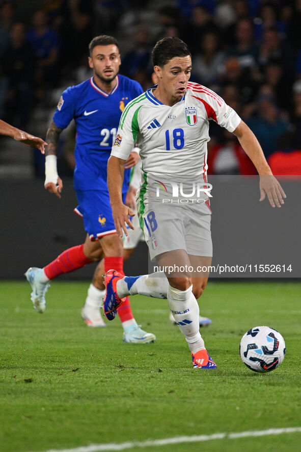 Giacomo Raspadori (ITA) scores the 1-3 goal during the UEFA National League Matchday 1 match between France and Italy at the Parc des Prince...