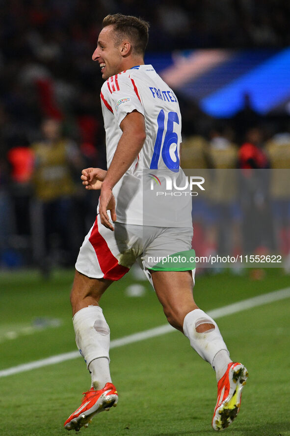 Davide Frattesi (ITA) celebrates after scoring the goal of 1-2 during the UEFA Nations League Matchday 1 match between France and Italy at t...