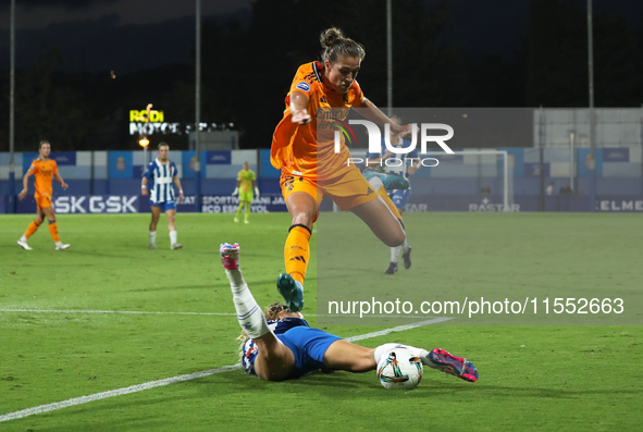 Filippa Angeldahl plays during the match between RCD Espanyol Women and Real Madrid CF Women, corresponding to week 1 of the Liga F, at the...