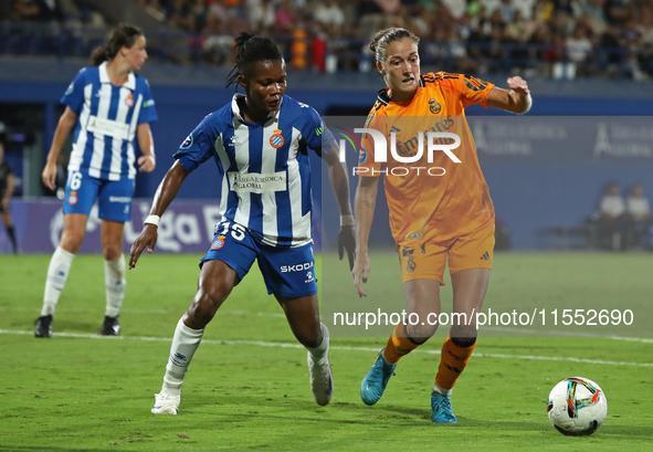 Filippa Angeldahl and Amanda Mbadi play during the match between RCD Espanyol Women and Real Madrid CF Women, corresponding to week 1 of the...