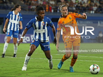 Filippa Angeldahl and Amanda Mbadi play during the match between RCD Espanyol Women and Real Madrid CF Women, corresponding to week 1 of the...