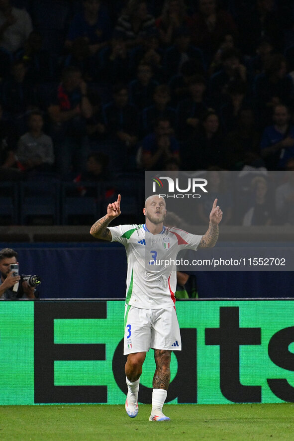 Federico Dimarco (ITA) celebrates after scoring the goal of 1-1 during the UEFA National League Matchday 1 match between France and Italy at...