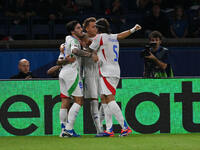 Federico Dimarco (ITA) celebrates after scoring the goal of 1-1 during the UEFA National League Matchday 1 match between France and Italy at...