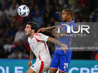 Sandro Tonali (ITA) and Bradley Barcola (FRA) during the UEFA National League Matchday 1 match between France and Italy at the Parc des Prin...