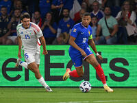 Andrea Cambiaso (ITA) and Kylian Mbappe (FRA) during the UEFA National League Matchday 1 match between France and Italy at the Parc des Prin...