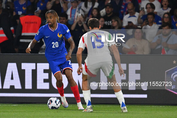 Bradley Barcola (FRA) and Andrea Cambiaso (ITA) during the UEFA National League Matchday 1 match between France and Italy at the Parc des Pr...