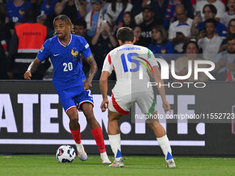 Bradley Barcola (FRA) and Andrea Cambiaso (ITA) during the UEFA National League Matchday 1 match between France and Italy at the Parc des Pr...