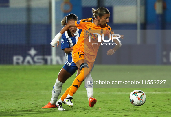 Sheila Garcia plays during the match between RCD Espanyol Women and Real Madrid CF Women, corresponding to week 1 of the Liga F, at the Dani...