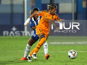 Sheila Garcia plays during the match between RCD Espanyol Women and Real Madrid CF Women, corresponding to week 1 of the Liga F, at the Dani...