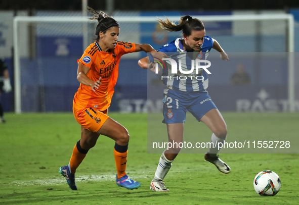 Alba Redondo and Julia Guerra play during the match between RCD Espanyol Women and Real Madrid CF Women, corresponding to week 1 of the Liga...