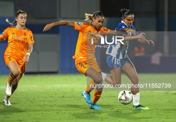 Maelle Lakrar and Lice Chamorro play during the match between RCD Espanyol Women and Real Madrid CF Women, corresponding to week 1 of the Li...