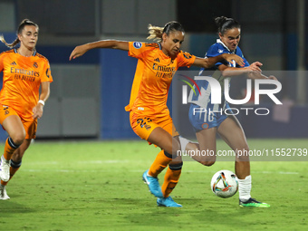 Maelle Lakrar and Lice Chamorro play during the match between RCD Espanyol Women and Real Madrid CF Women, corresponding to week 1 of the Li...