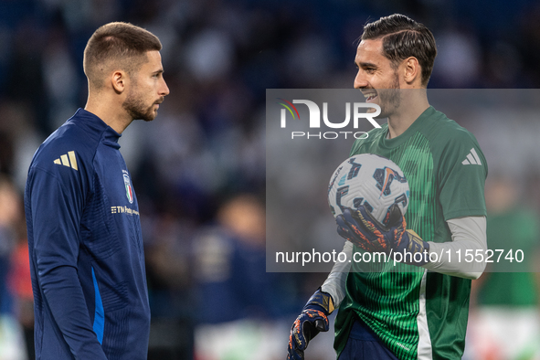 Guglielmo Vicario and Alex Meret of Italy warm up before the UEFA Nations League 2024/25 League A Group A2 match between France and Italy at...